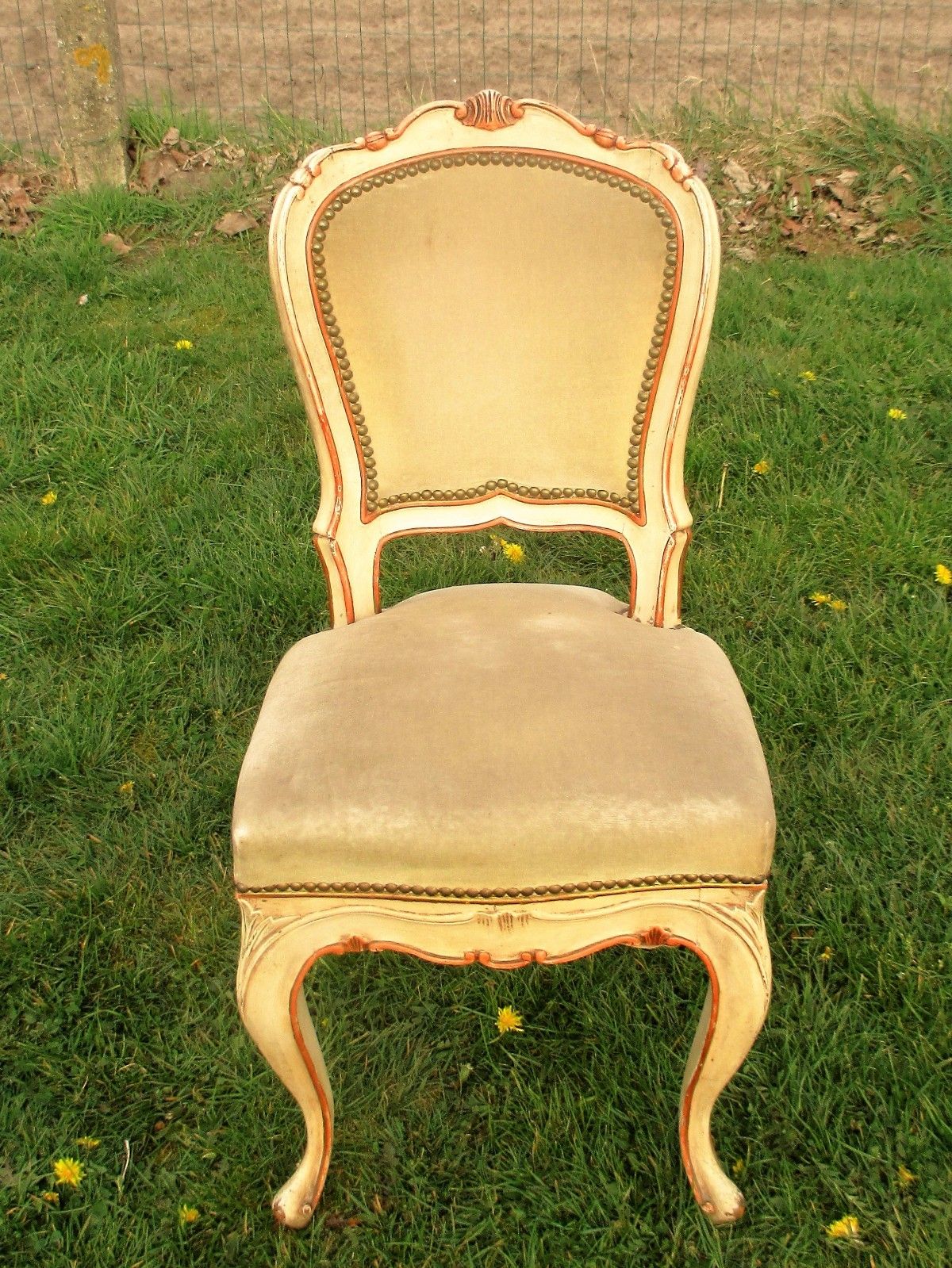 Elegant Louis Philippe Antique Chair White Beige Velvet Fabric Carved Wood photo for sale