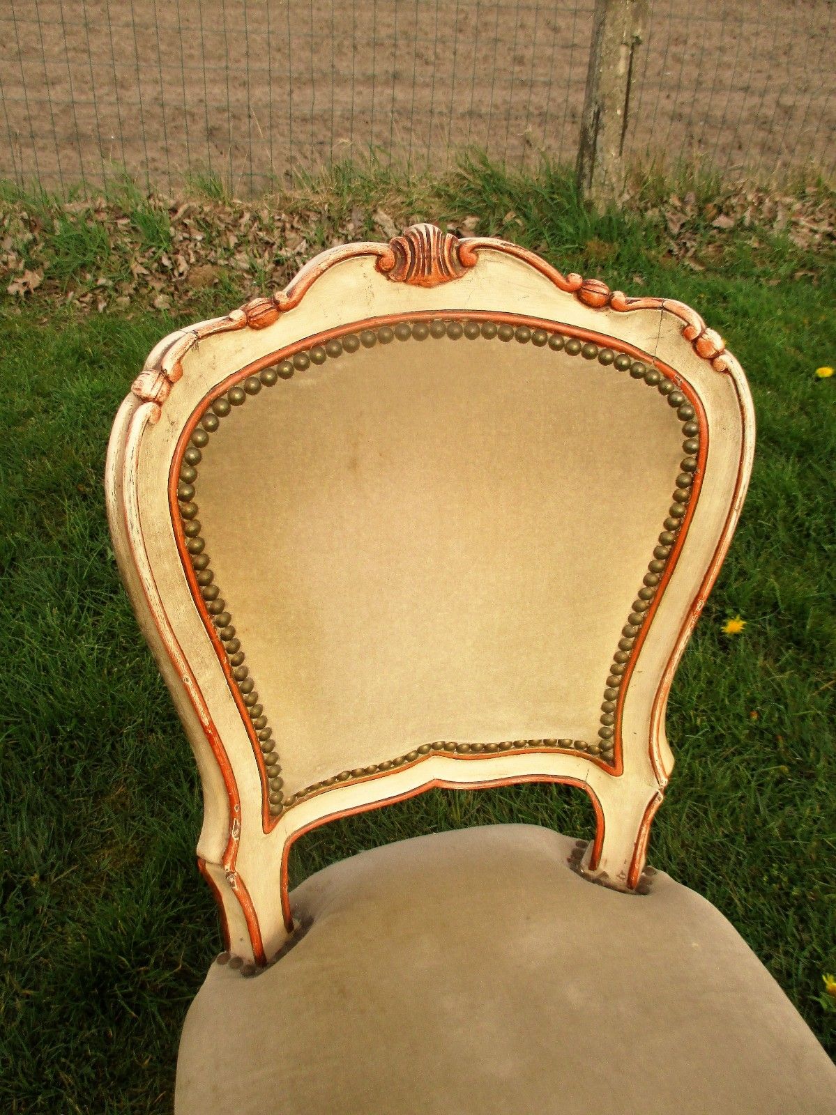 Elegant Louis Philippe Antique Chair White Beige Velvet Fabric Carved Wood photo Furniture