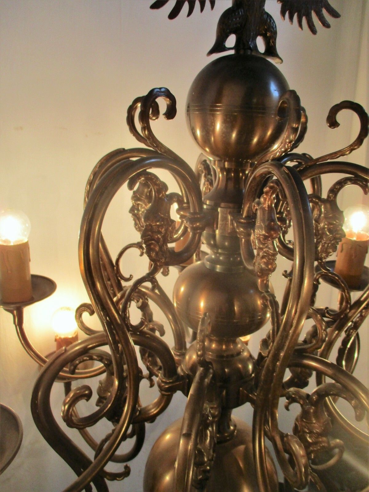 Huge Antique Flemish Double 12 Arms Castle Chandelier Eagle Jesters Gothic Brass photo Lighting