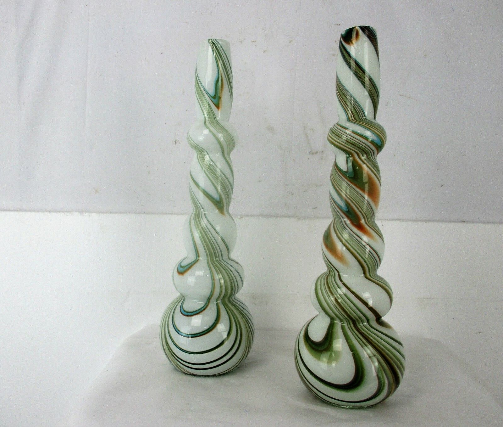 Pair Funky Cased Studio Art Glass Vases Abstract Waves Large Hooped Gorgeous photo 586.0