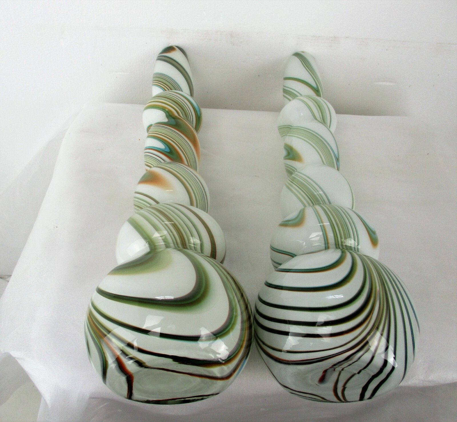 Pair Funky Cased Studio Art Glass Vases Abstract Waves Large Hooped Gorgeous photo buy