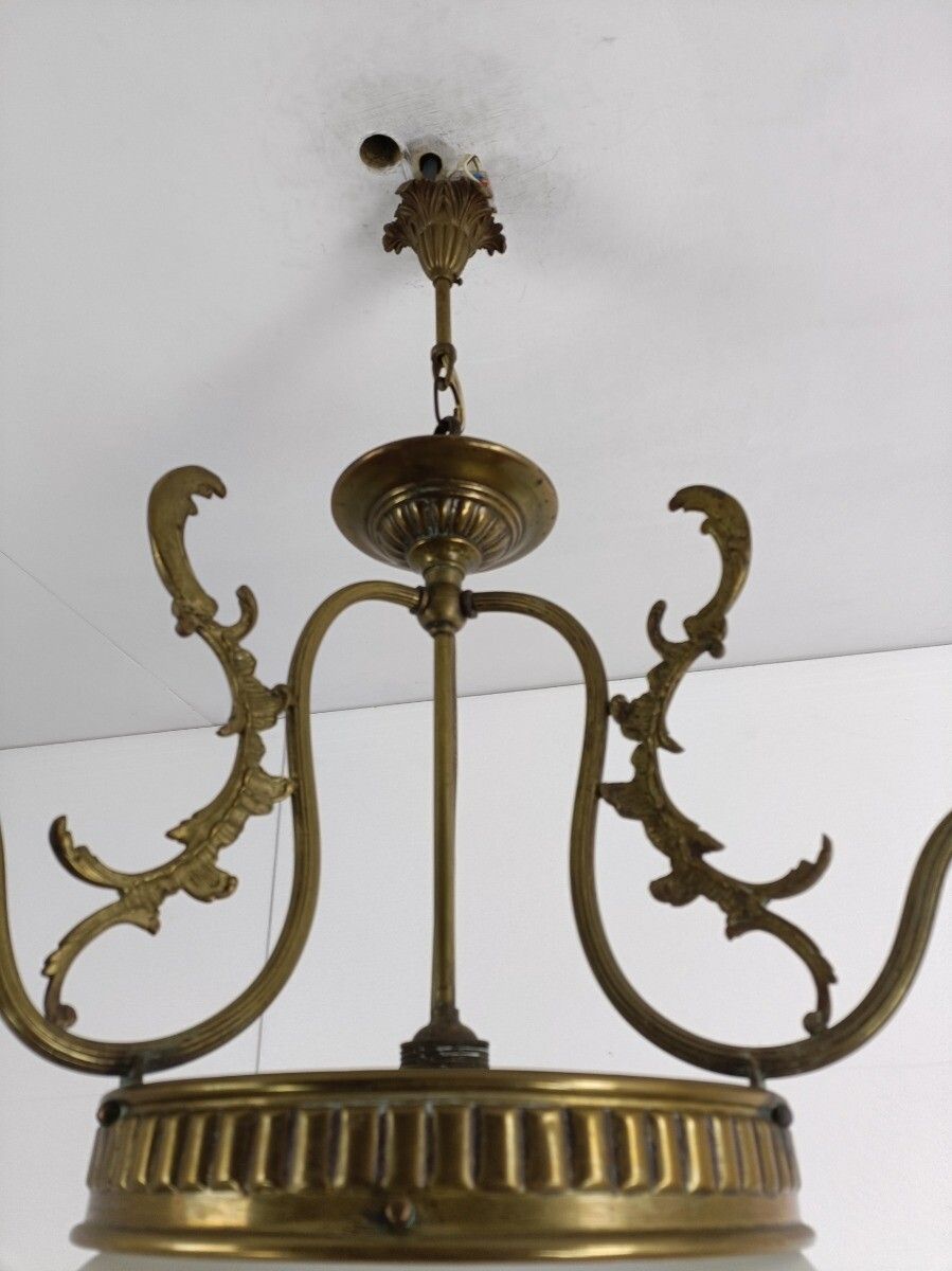 Chandelier Vintage 4 Lights 3 Arm Brass Etched Glass Shades Gorgeous  Light photo vinterior