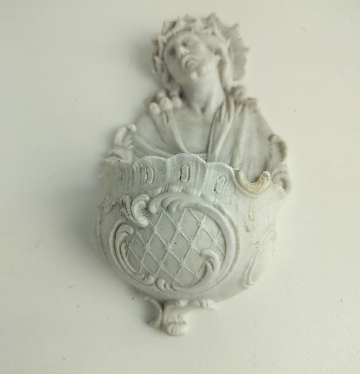Antique Holy Water Font Vessel  Bisque Porcelain Jesus Christ Head Of Thorns