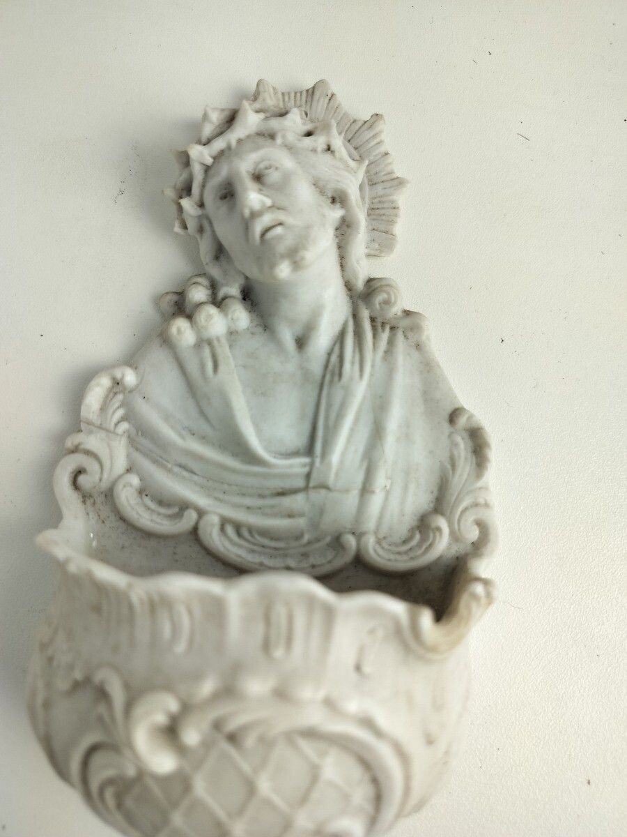 Antique Holy Water Font Vessel  Bisque Porcelain Jesus Christ Head Of Thorns photo for sale