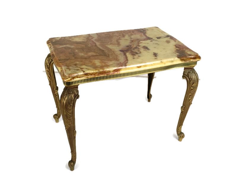 Modernist Hollywood Regency Side Occasional Coffee Wine Table Marble Top Brass O