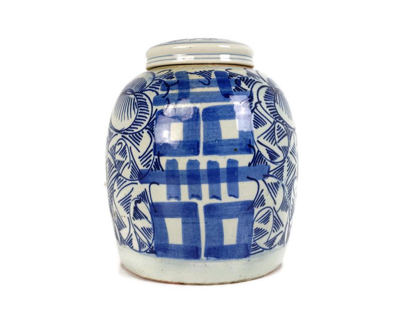 Antique Double Happiness Vase Urn Ginger Jar Shuangxi Wedding Bliss Blue White C