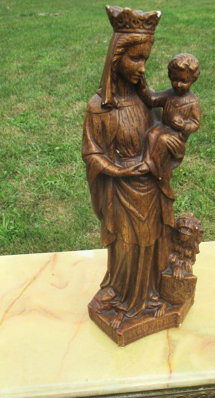 Antique Statue Virgin Mary Madonna Infant Child Plaster Lion Gothic Brown 16" photo furniture