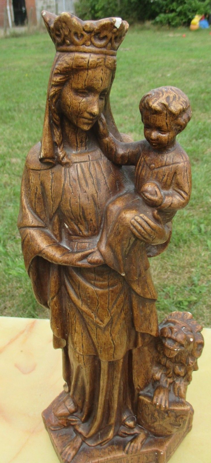 Antique Statue Virgin Mary Madonna Infant Child Plaster Lion Gothic Brown 16" photo for sale