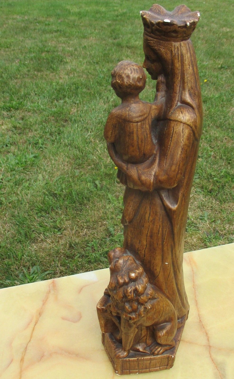 Antique Statue Virgin Mary Madonna Infant Child Plaster Lion Gothic Brown 16" photo buy