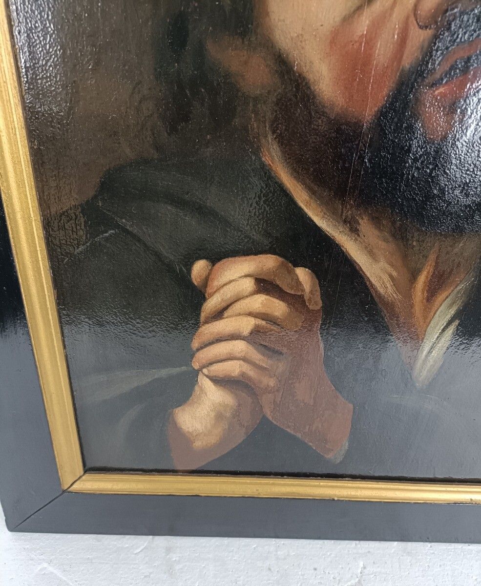 Stunning Painting Oil On Wooden Panel Praying Man Looking Up To Heaven  18th Cen photo Art