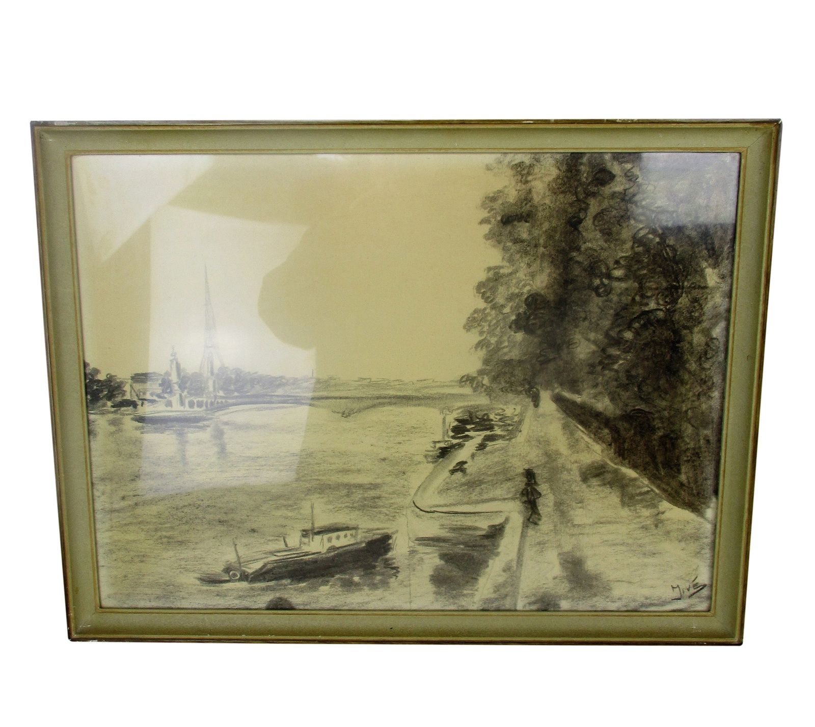 Lovely Framed Sketch Pencil Paris Seine Eiffel Tower Signed Jivé Wall Hanging