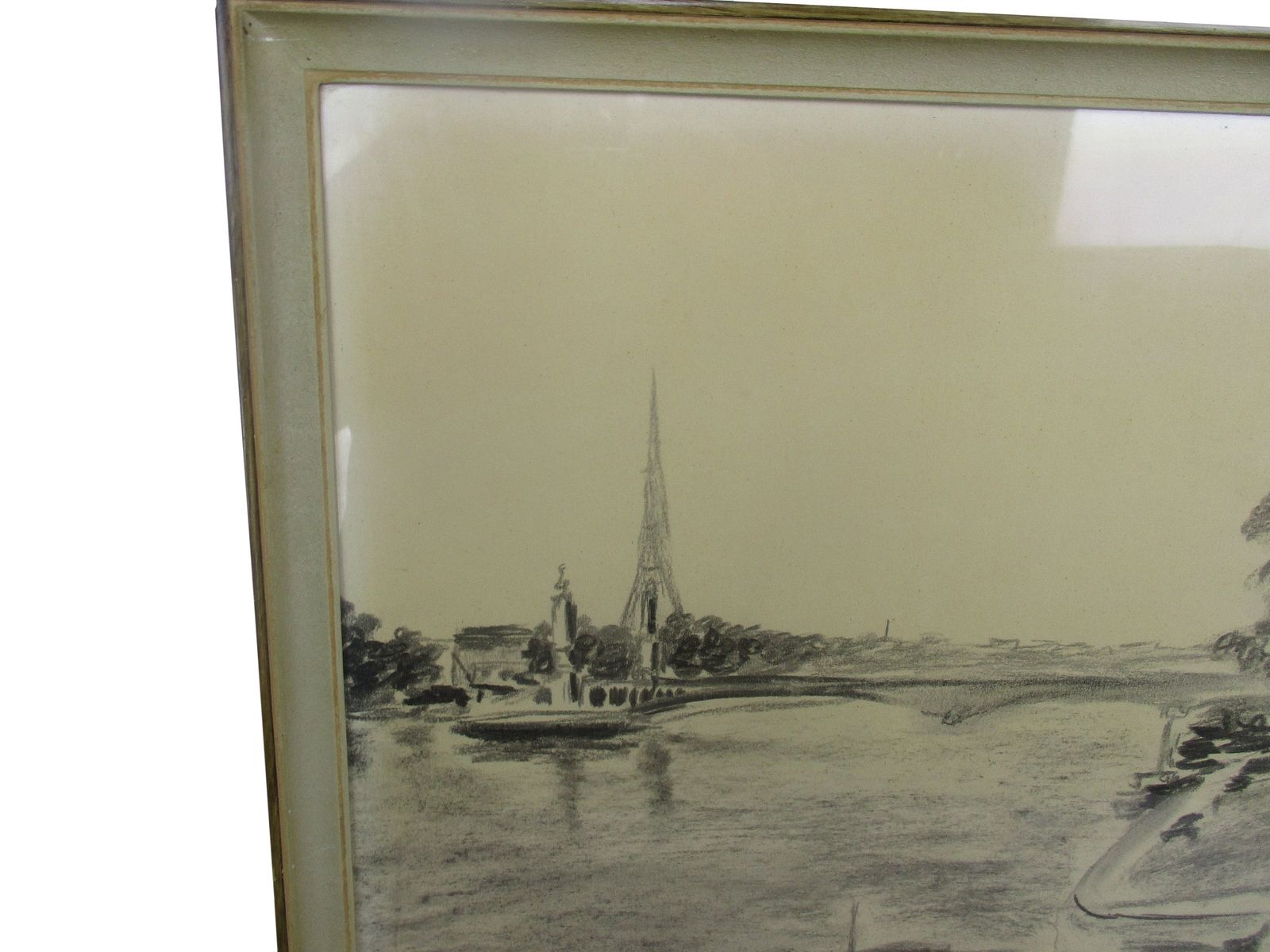 Lovely Framed Sketch Pencil Paris Seine Eiffel Tower Signed Jivé Wall Hanging photo for sale