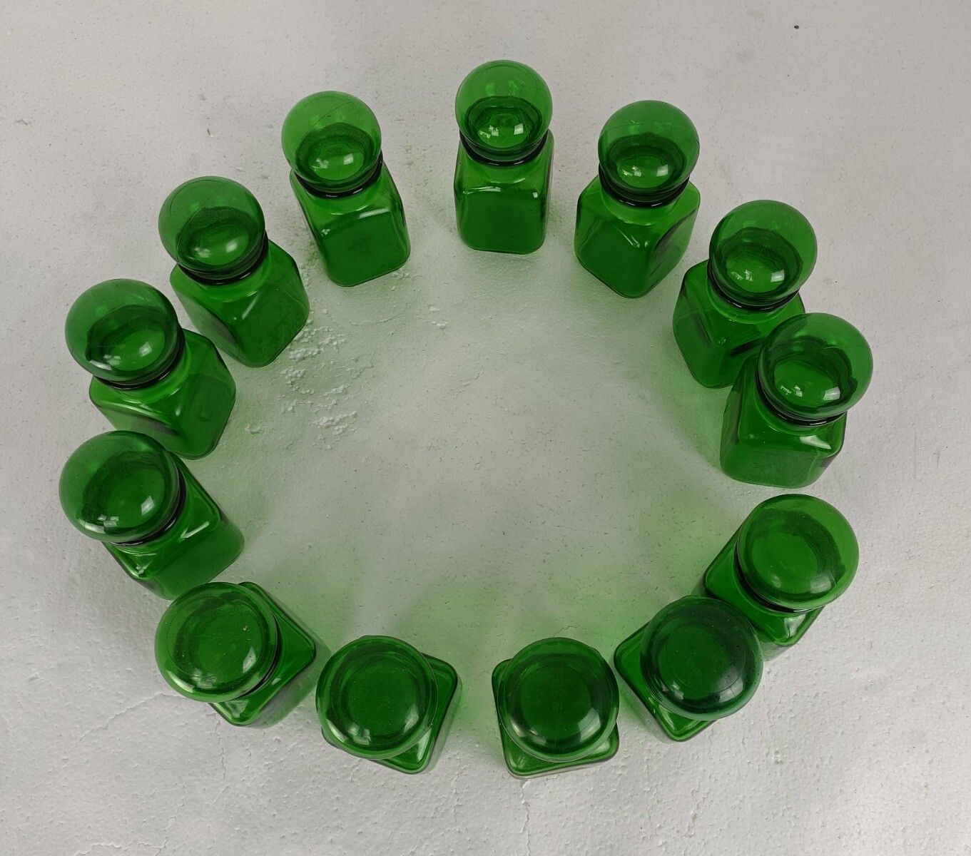 Apothecary Bottles, Pharmacy Bottles With Bubble Stopper, Set Of 13 Emerald Gree photo vintage