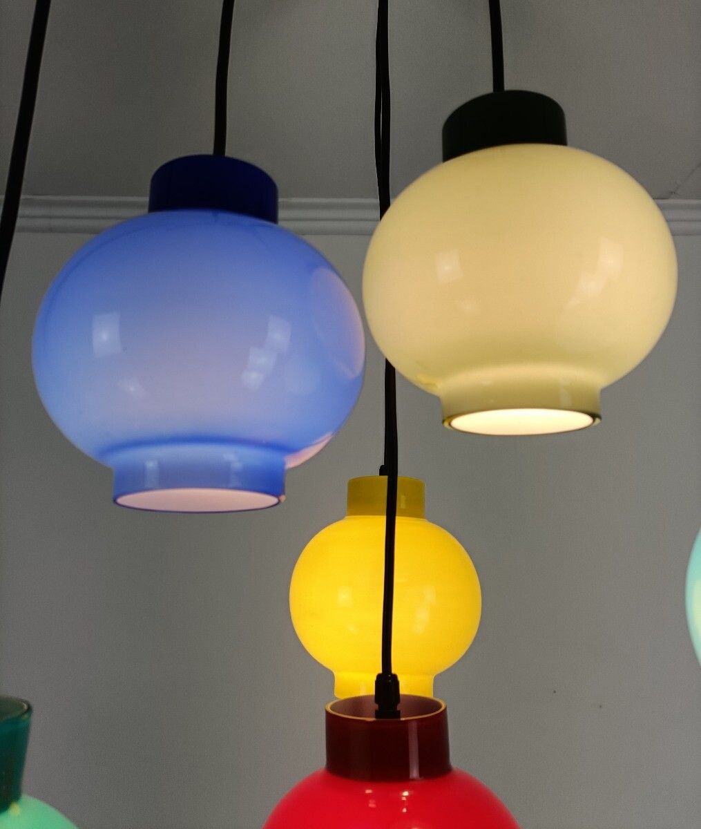 Italian Design Cascase Chandelier Fixture Mixed Colored Glass Shades Attributed photo vintage