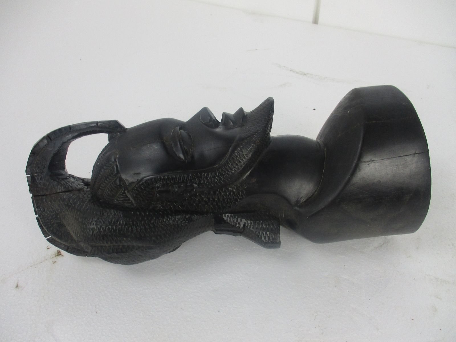 Large Vintage African Statue Handmade Carved Dark Wood Tribal Art Man Bust photo vinterior