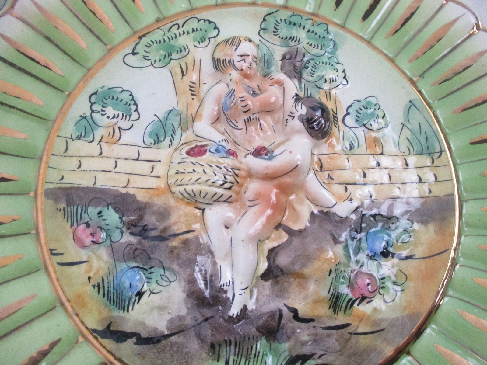 Capodimonte Charger Plate Plaque Porcelain Italy Marked Cherubs Playing In Garde photo for sale