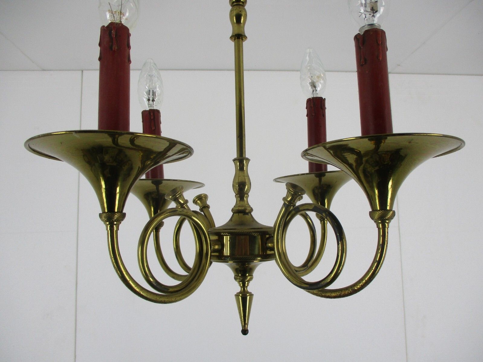 Trumpet Chandelier + Trumpet Wall Sconce Brass  4 Arms Hollywood Regency Set photo for sale