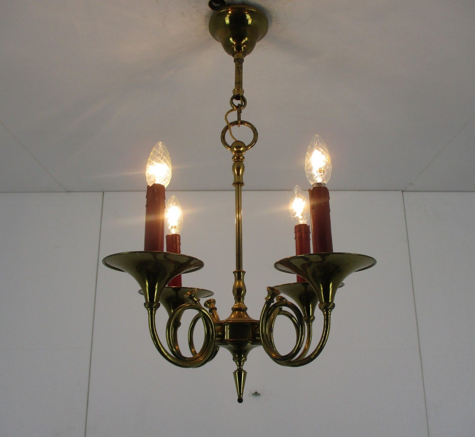 Trumpet Chandelier + Trumpet Wall Sconce Brass  4 Arms Hollywood Regency Set photo 482.0