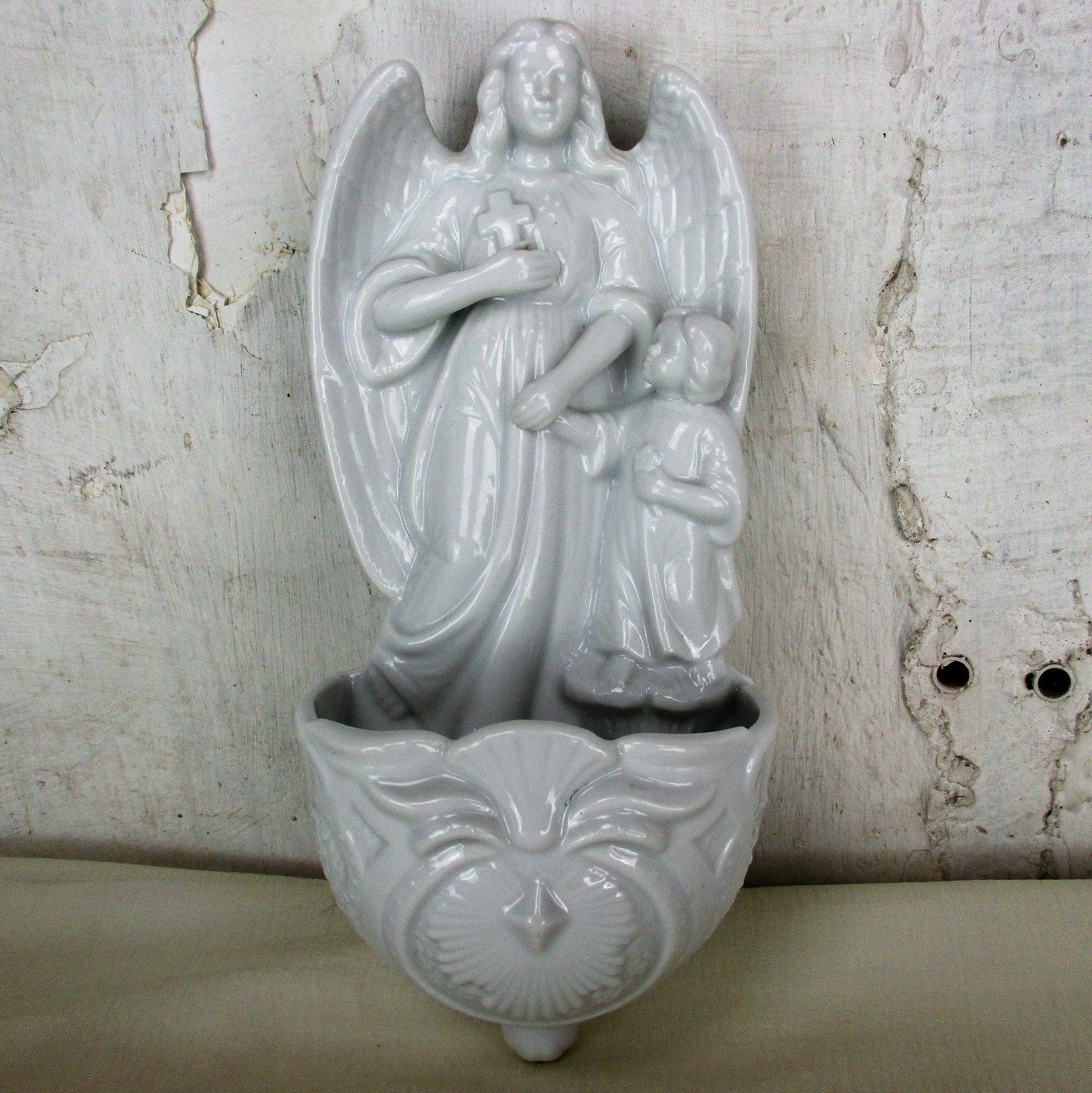 Large Antique French Holy Water Font Bisque Angel Infant Jesus Collector Htf