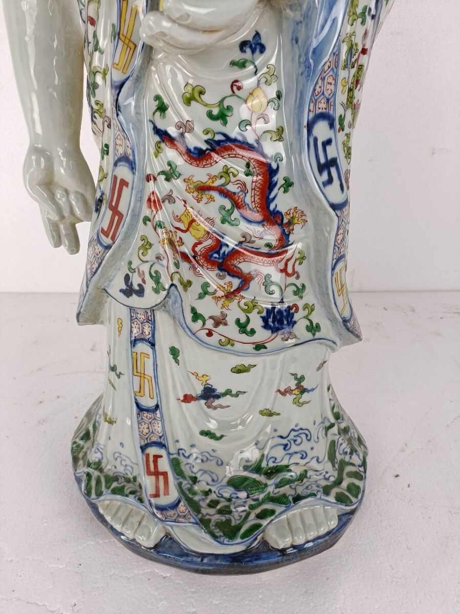 Xl Statue Porcelain Buddha Prosperity  Vintage Gorgeous Polychrome photo for sale