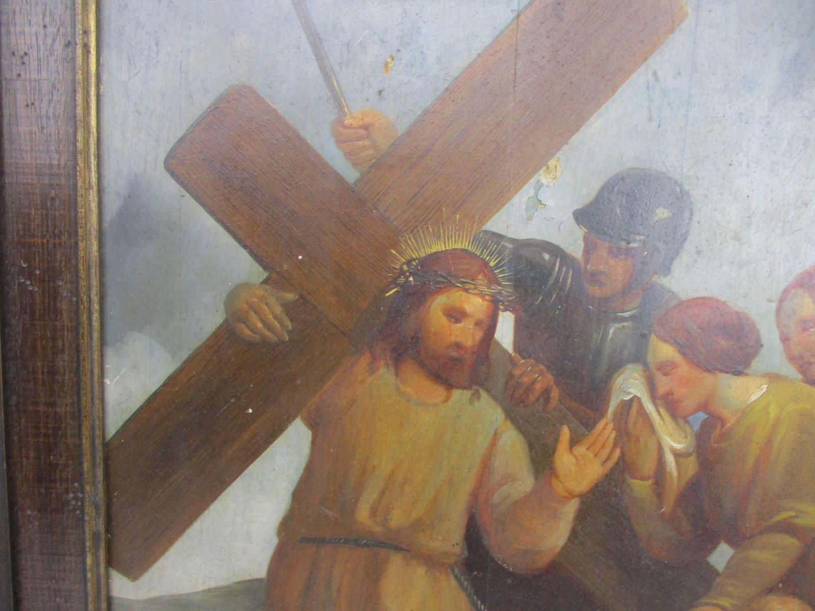 Painting Oil On Wood Framed Jesus Christ Savior Crucifixion Golgotha Angels Roma photo for sale