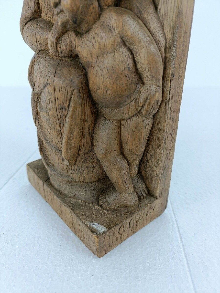 Sculpture Statue Figurine Hand Carved Wood Mother And Child Signed G Gysen photo vintage