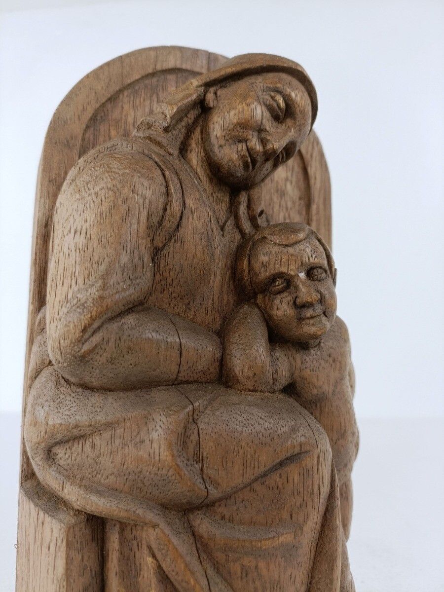 photo furniture Sculpture Statue Figurine Hand Carved Wood Mother And Child Signed G Gysen