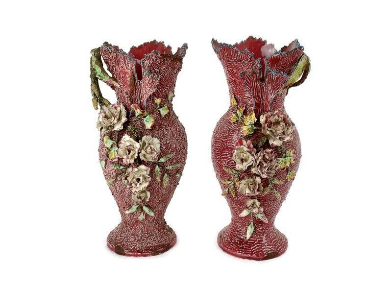 Pair Of 19th Century Barbotine Vases France Antique Majolica Adorned Flowers