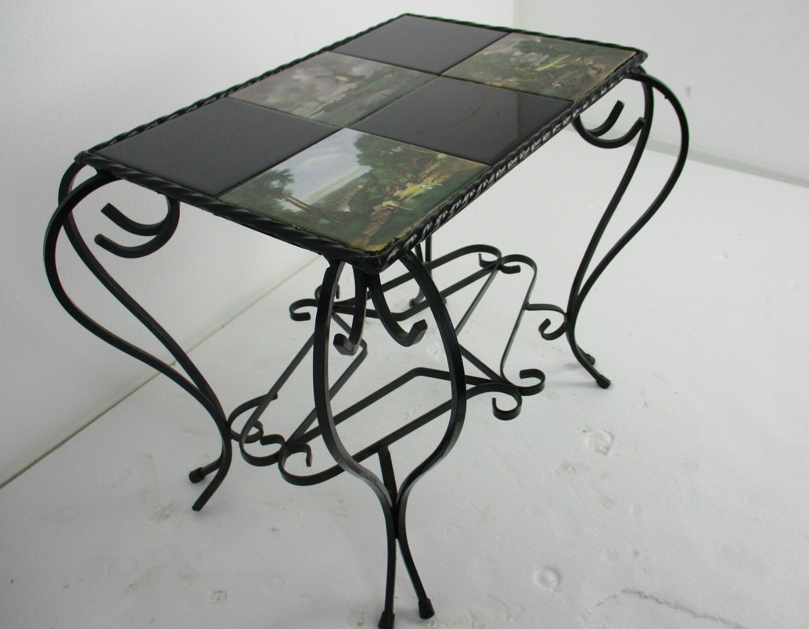 Vintage Side Table Plant Stand Ceramic Tiles  Wrought Iron Legs Farmlife Scenes photo furniture