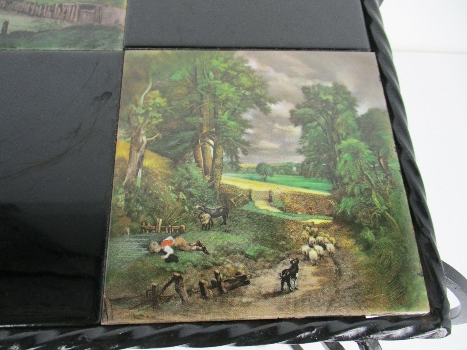 Vintage Side Table Plant Stand Ceramic Tiles  Wrought Iron Legs Farmlife Scenes photo 204.0