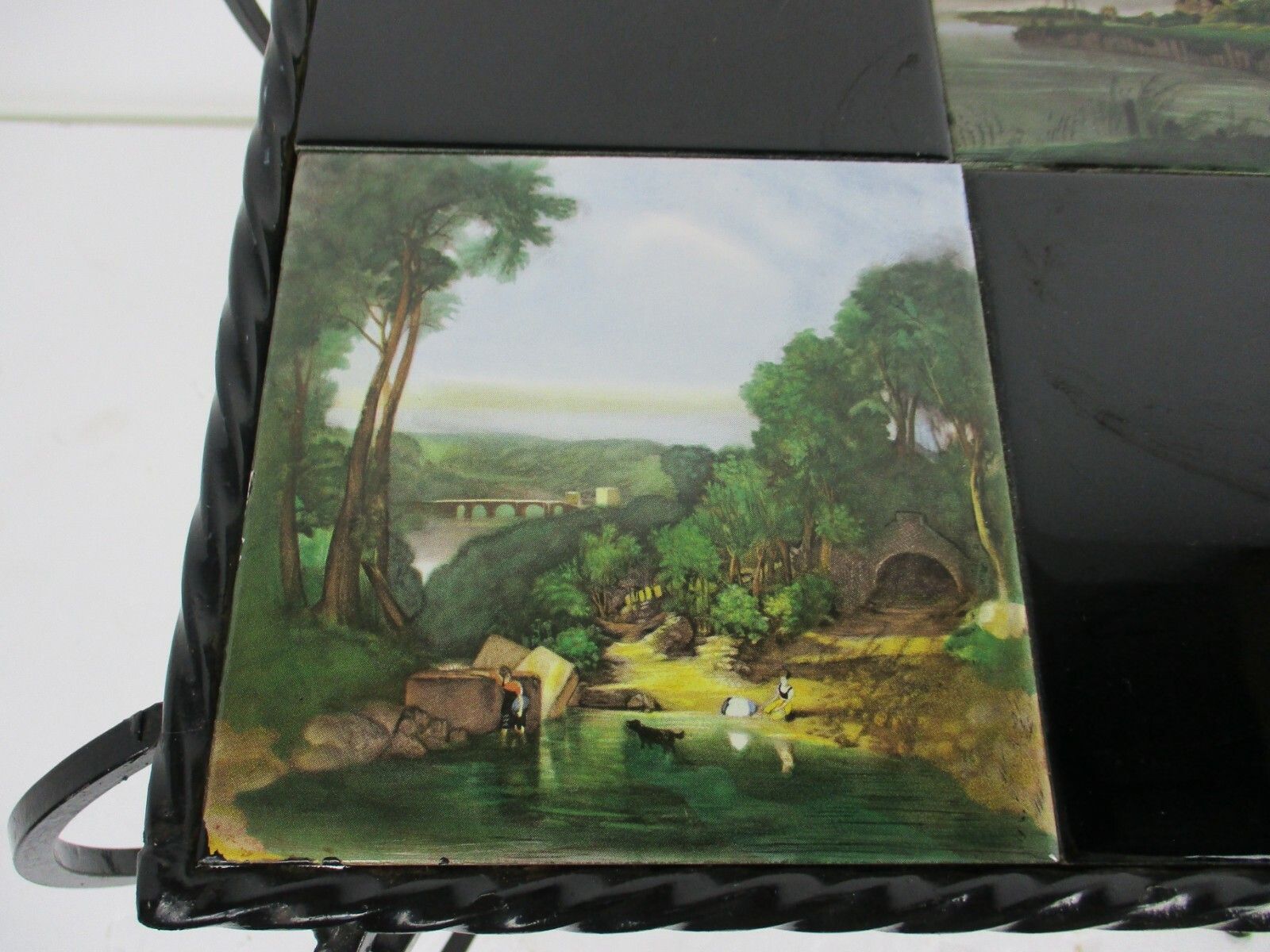 Vintage Side Table Plant Stand Ceramic Tiles  Wrought Iron Legs Farmlife Scenes photo vinterior
