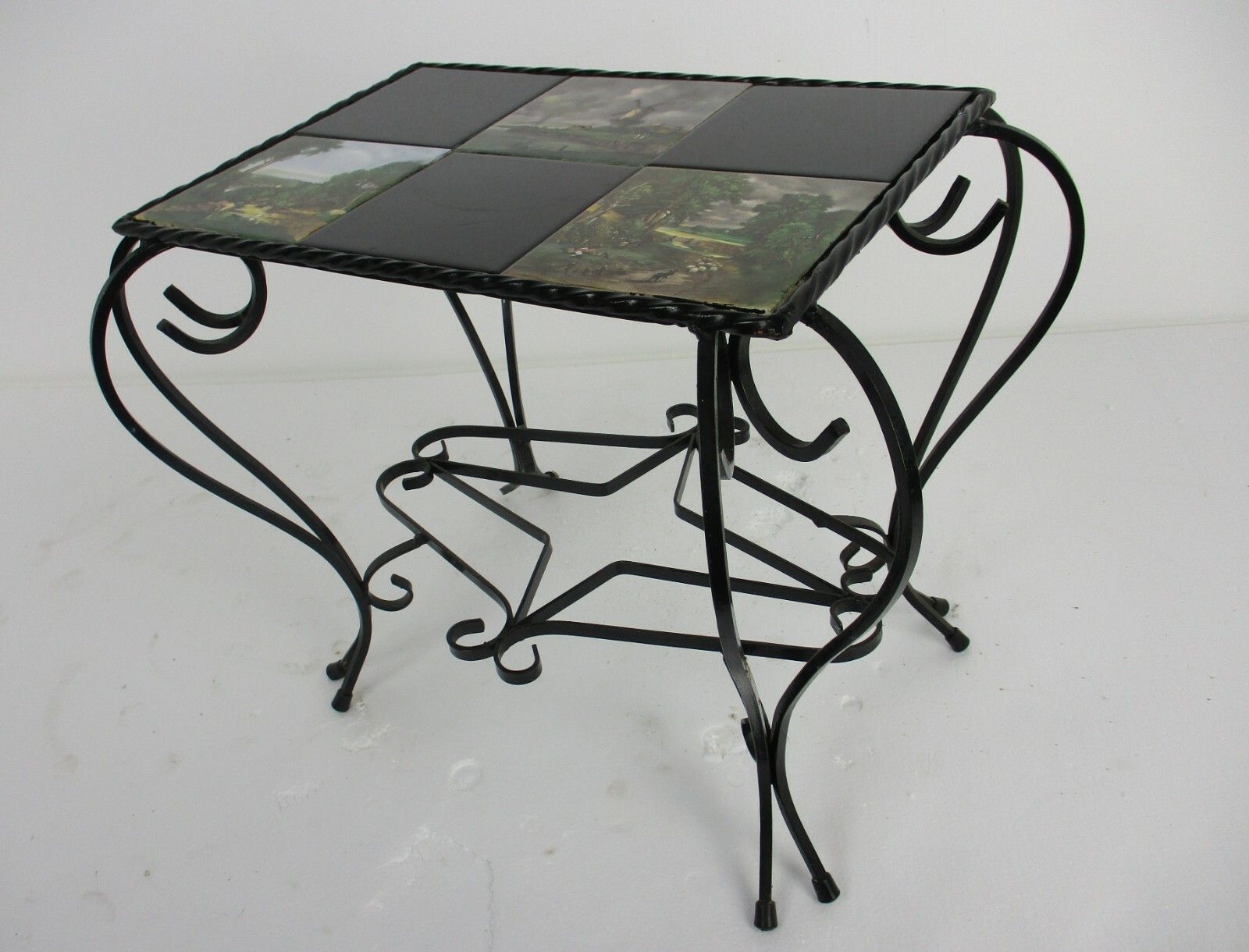 photo furniture Vintage Side Table Plant Stand Ceramic Tiles  Wrought Iron Legs Farmlife Scenes