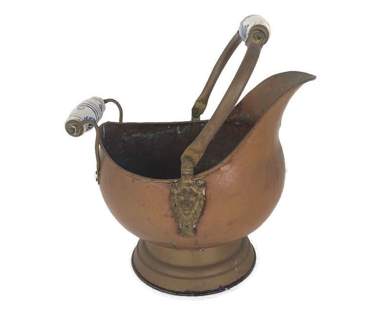 Antique Hammered Brass Kettle Bowl With Delft Blue White Porcelain Handles Plant