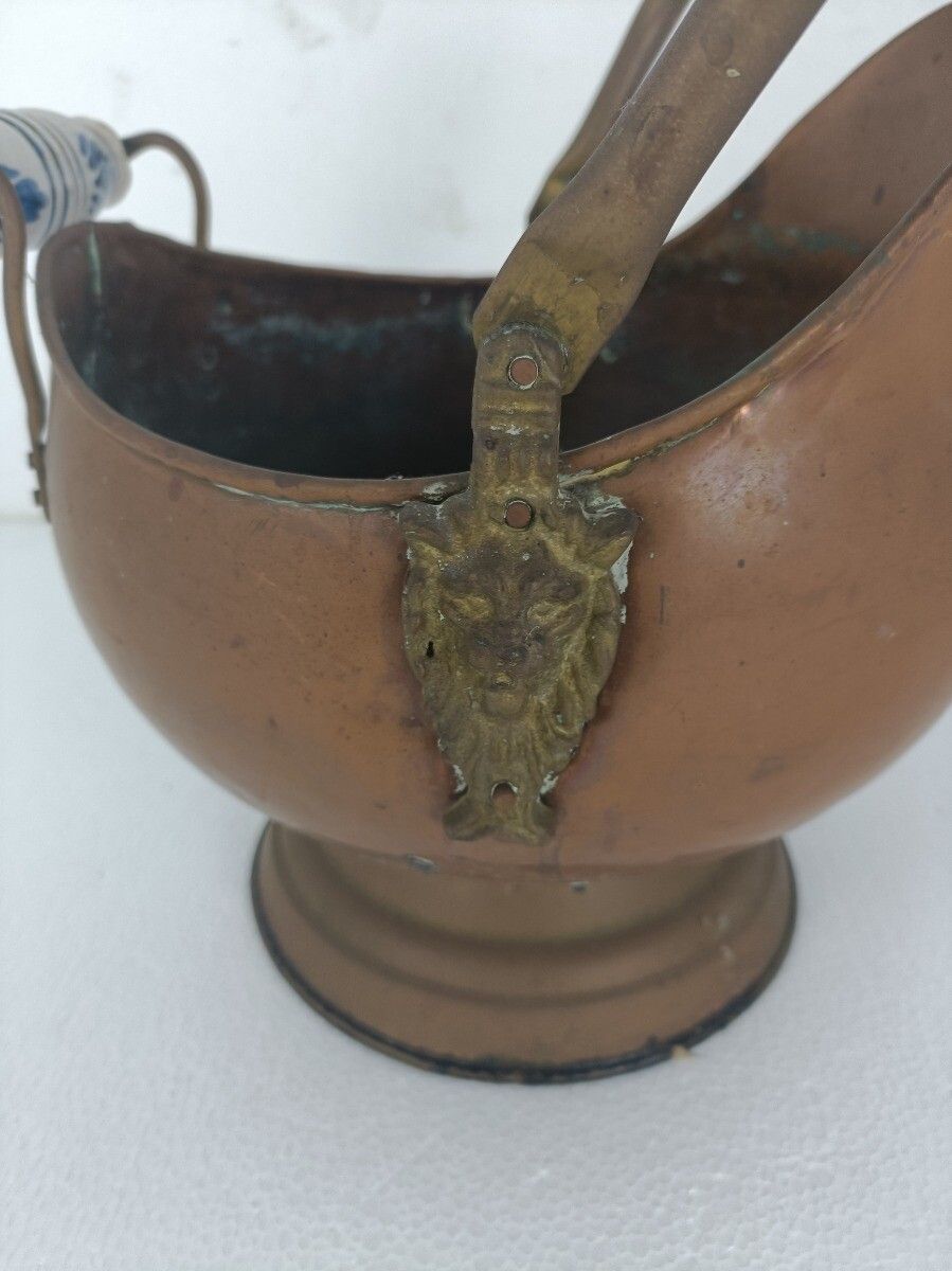 Antique Hammered Brass Kettle Bowl With Delft Blue White Porcelain Handles Plant photo furniture
