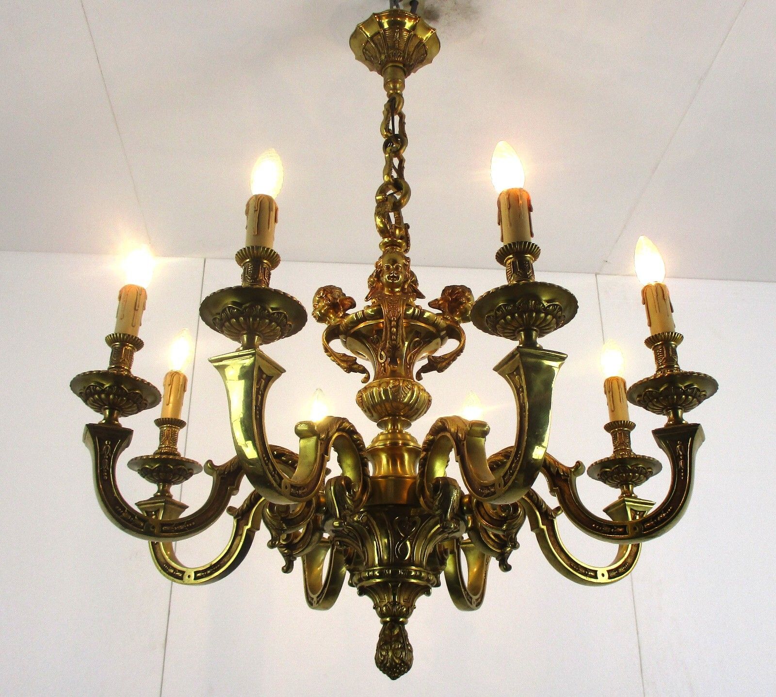 French Mazarin Gilded Bronze Chandelier Impressive Castle 8 Lights Angels Putti photo for sale