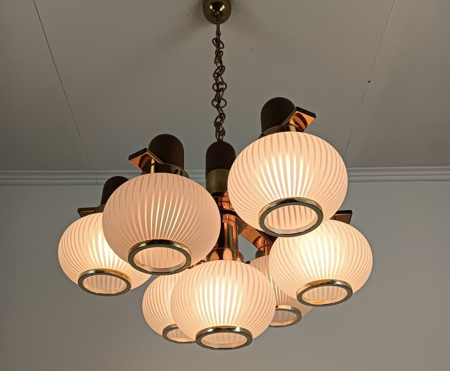 photo for sale Vintage Chandelier 7 Lights Glass Shades Teak Wood Gold Chrome Funky Wow