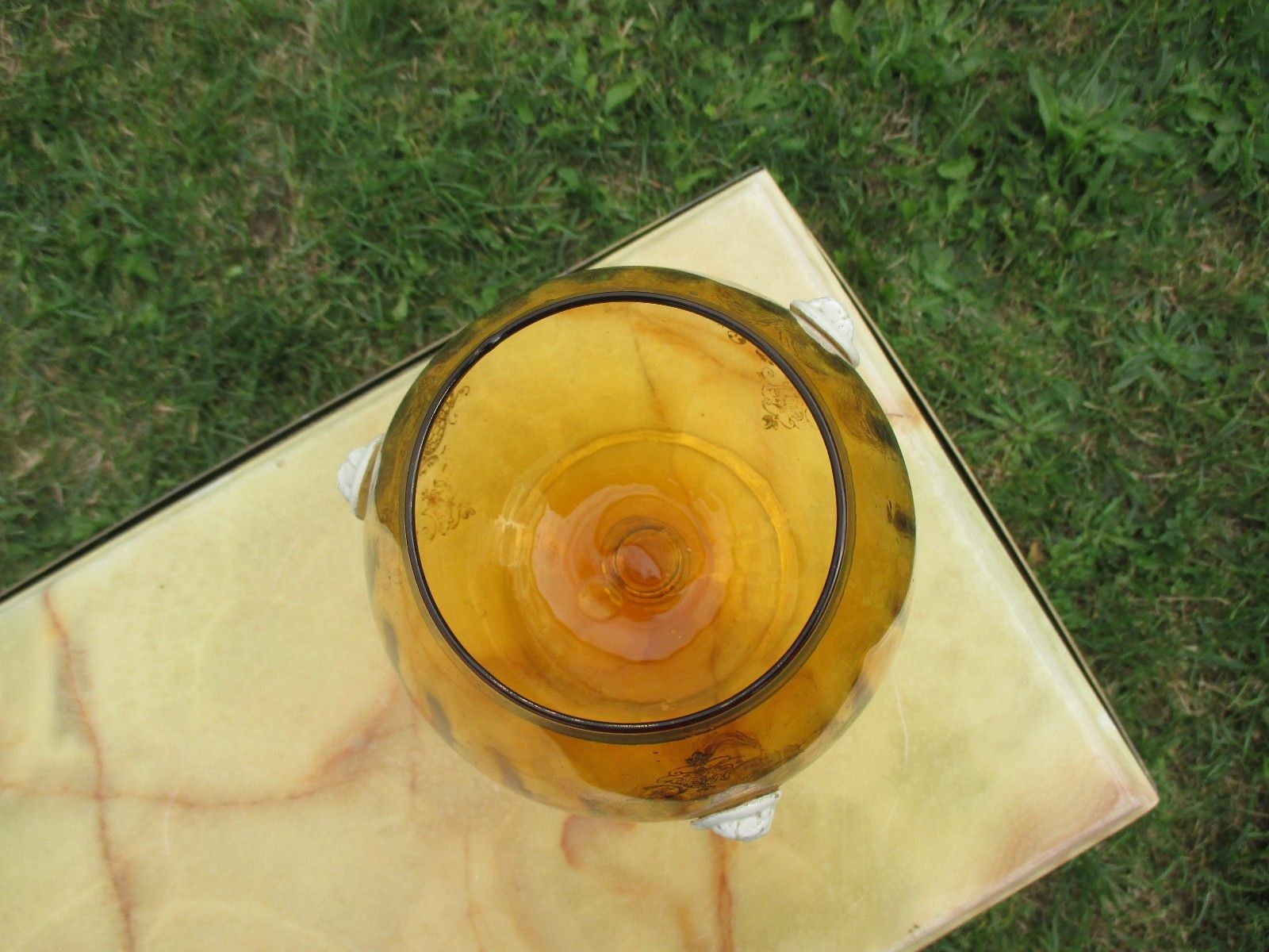 Vintage  Amber Round Chalice Vase Art Glass Lockets Gold Gilt photo Home Decor