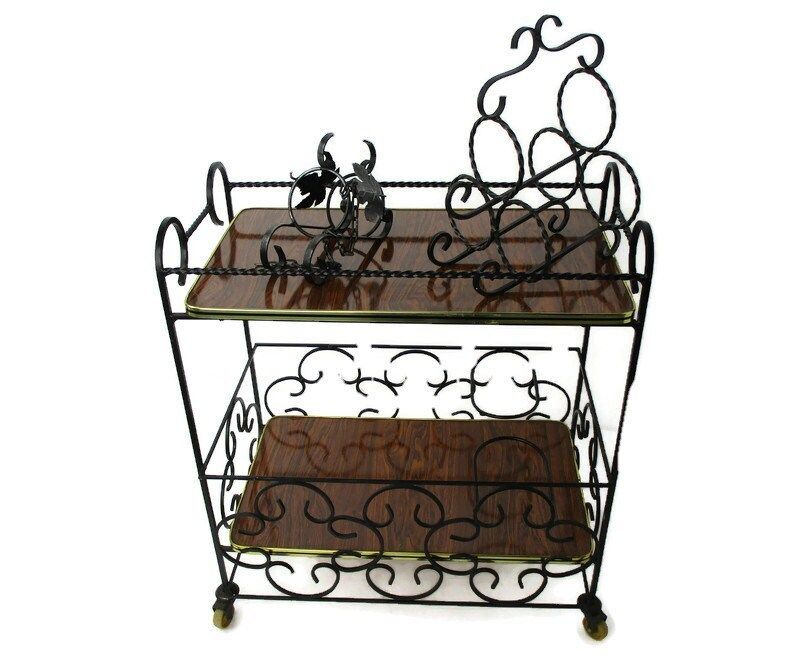 Bar Cocktail Tea Cart Trolley Mid Century Modern Kitchen Island Wood Veneer Wrou
