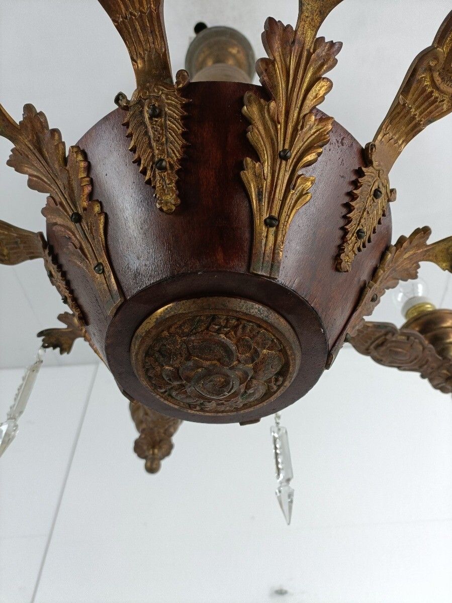 Art Deco Chandelier Carved Wood Ornate Brass Leafs Prisms 5 Arm Lights Beautiful photo buy