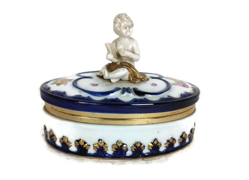 Vintage Capodimonte Italian Trinket Jewelry Box Porcelain Putti Playing Harp, Lo