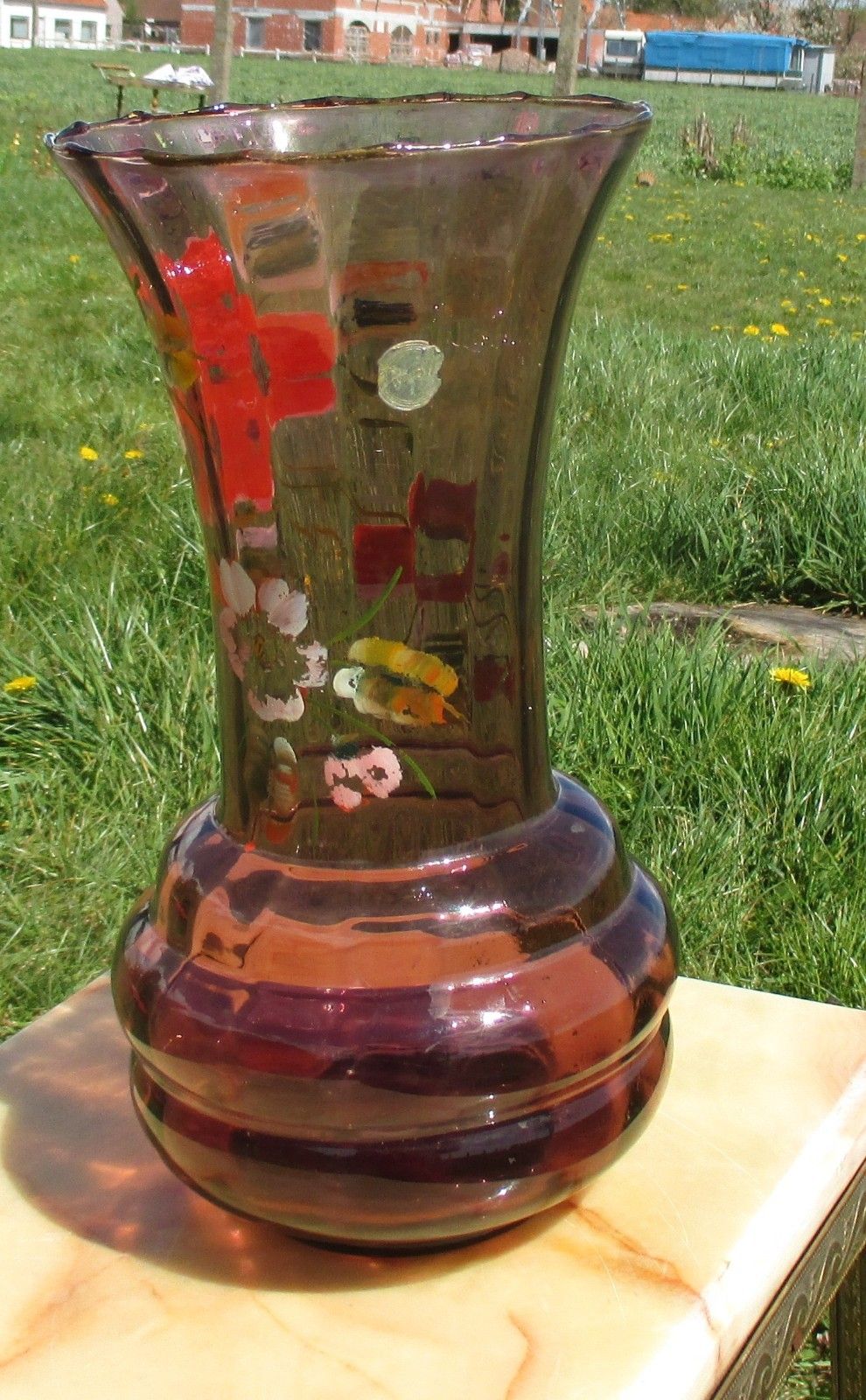 Large Doyen Art Deco Purple Amethyst Hooped Vase Painted Flowers Handpainted photo 61.0
