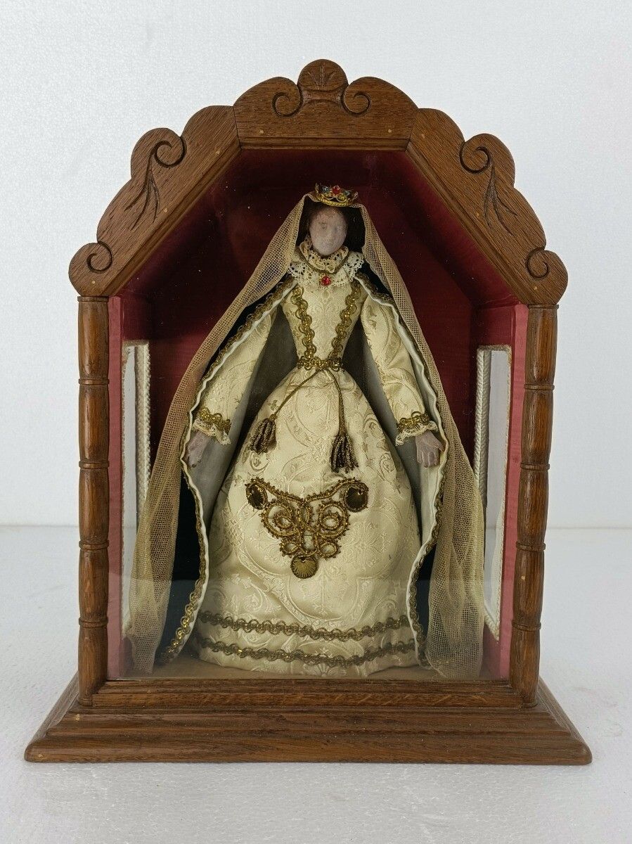 Antique Hand Carved Wood Chapel Niche Shrine With Hand Made Antique Doll 19th Ce photo furniture