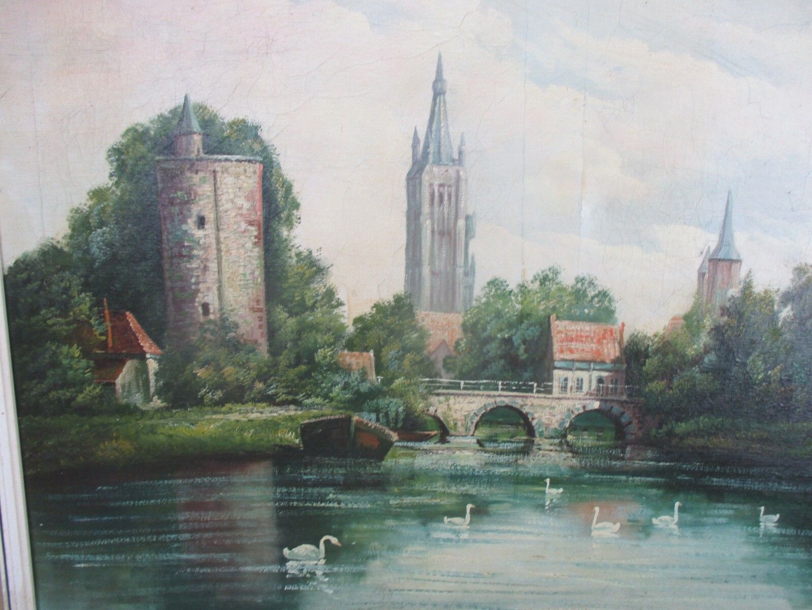 Oil Painting Canvas Wooden Frame Gorgeous Land Cityscape Swans Bridge Signed photo furniture