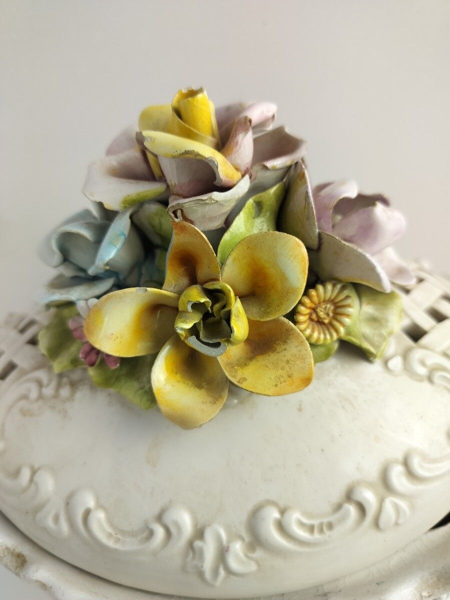 Art Deco Dish Bowl Lidded 3d Porcelain Flowers Antique Centerpiece Bassano Italy photo buy