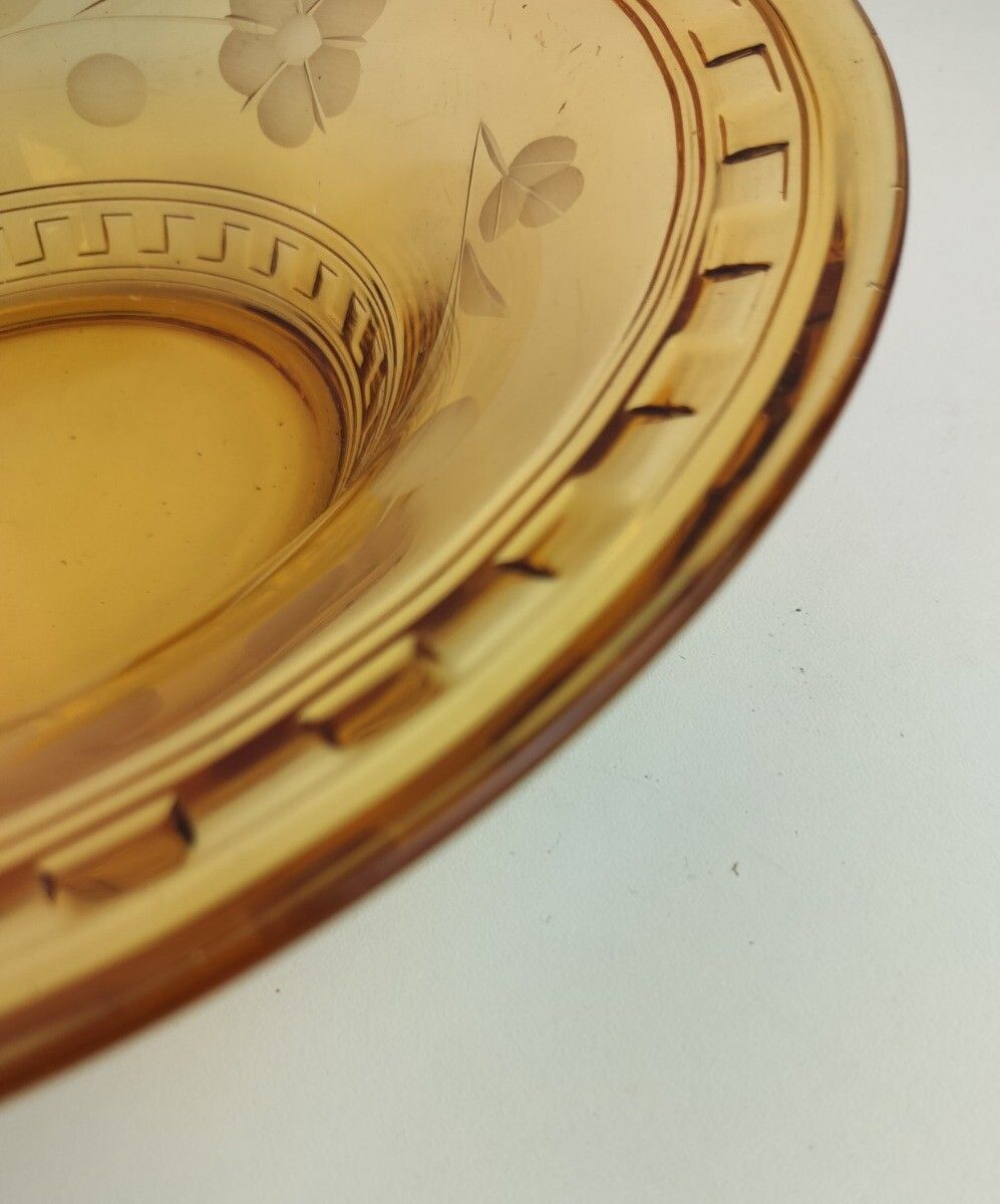 Gorgeous Art Deco Antique Art Glass Brown Amber Etched Flowers Serving  Dish B photo 110.0