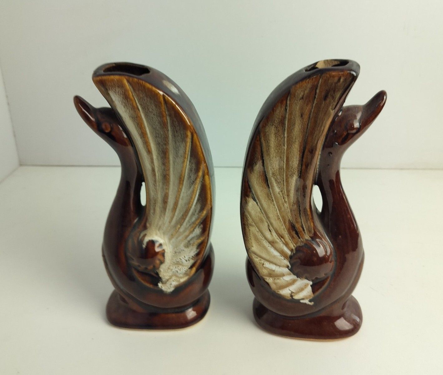 photo furniture Pair Of Art Deco Antique Small Vases Duck Heads Glazed Brown Ceramic Lovely