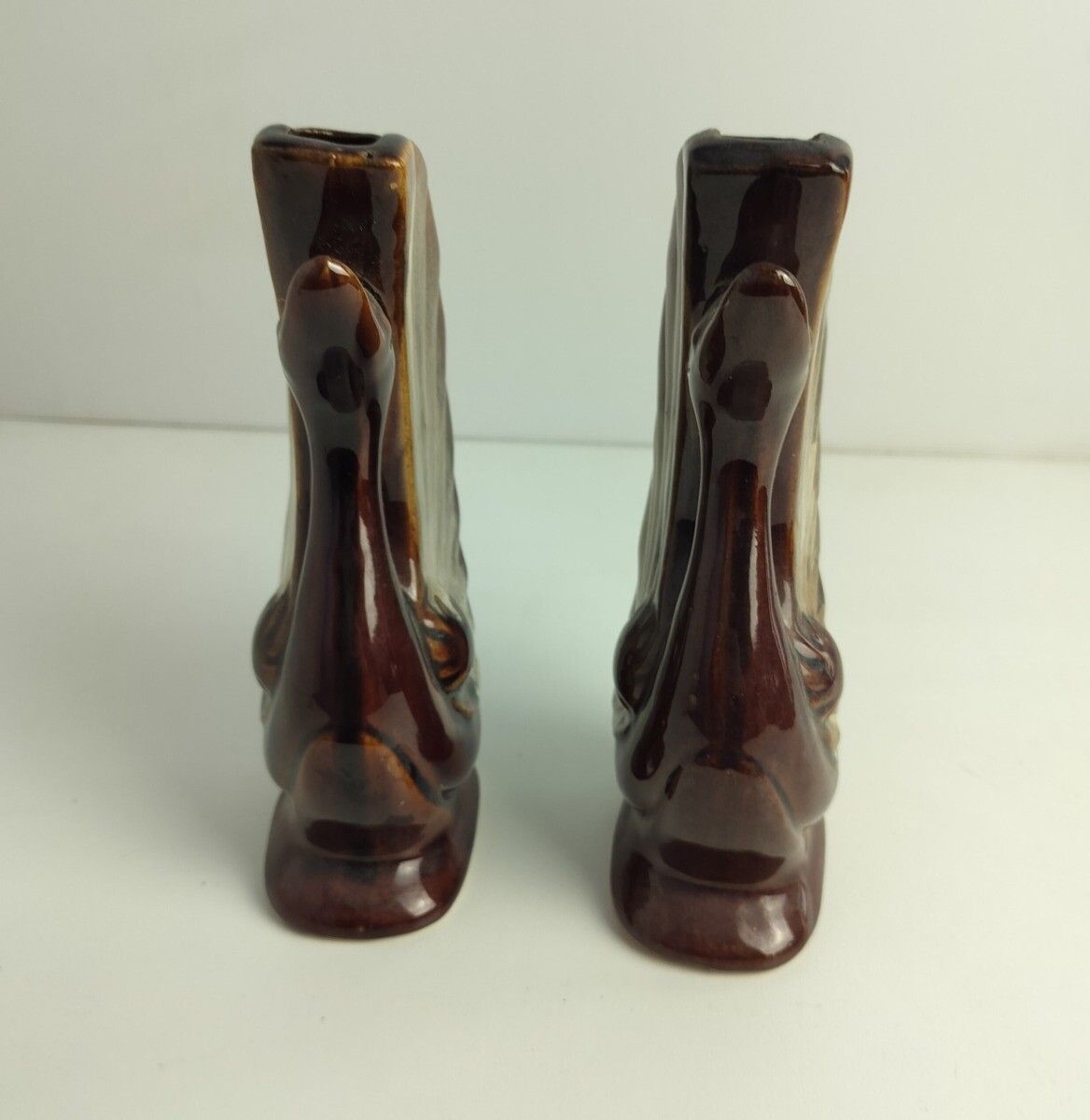 photo for sale Pair Of Art Deco Antique Small Vases Duck Heads Glazed Brown Ceramic Lovely