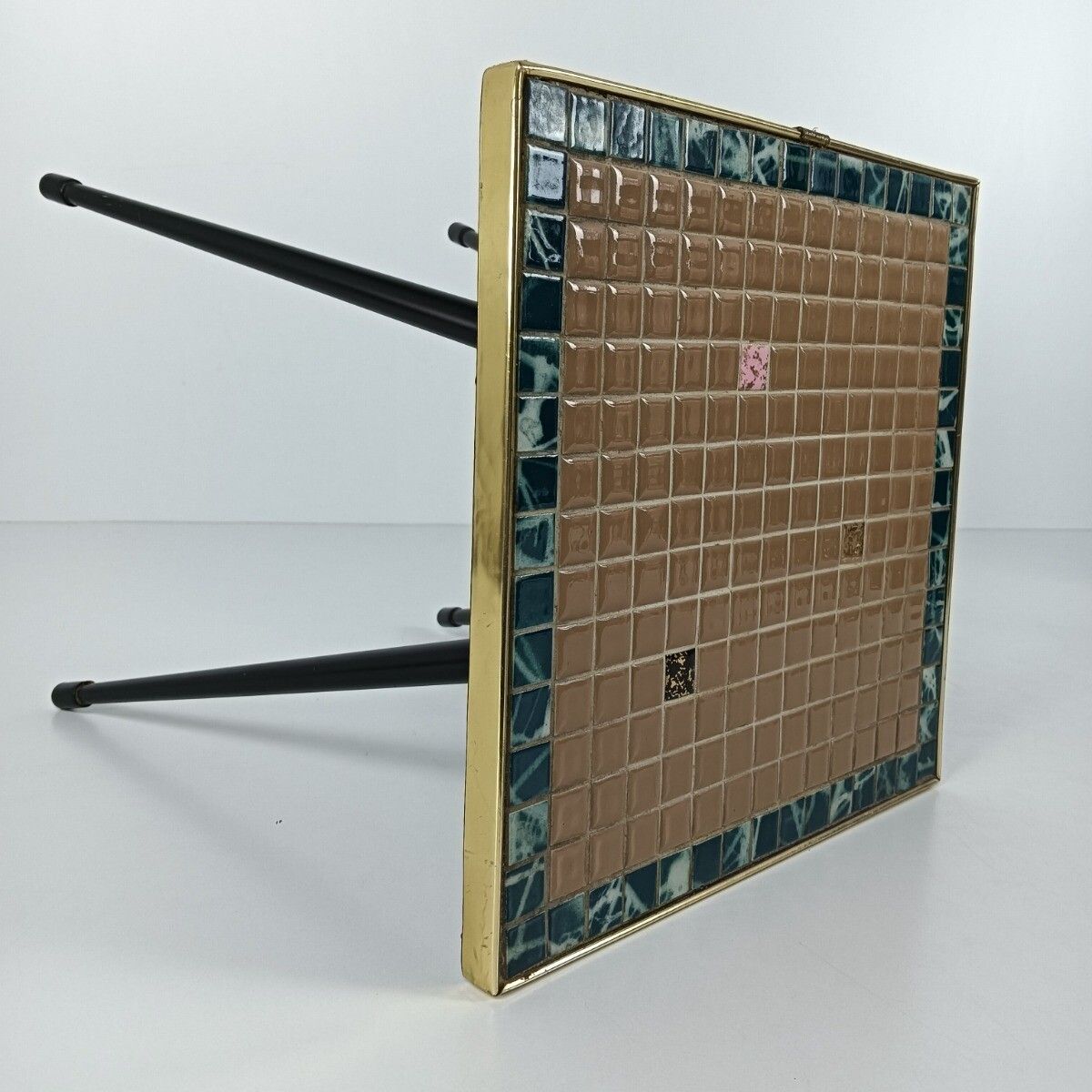 Small Vintage Side Occasional Wine Table Wrought Iron, Mosaic Ceramic Tiles photo vinterior