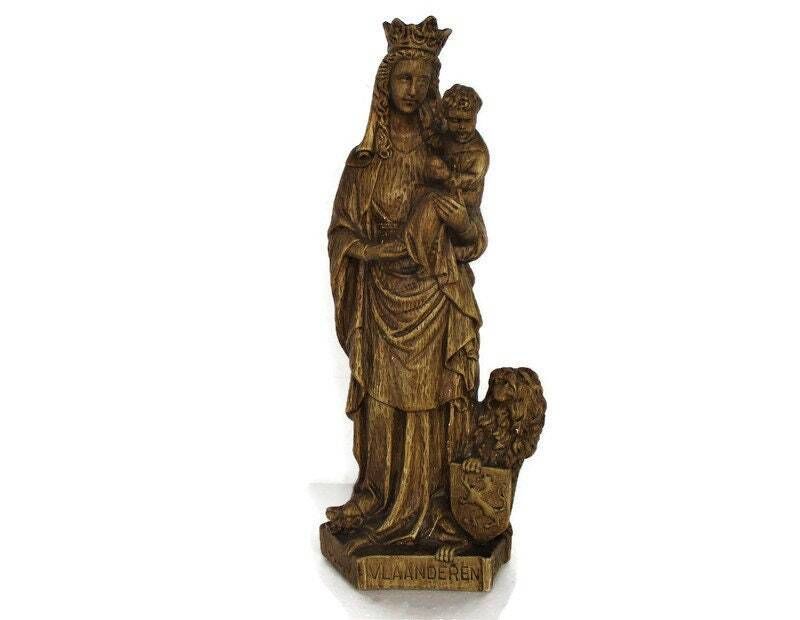 Gothic Statue Our Lady Of Flanders Virgin Mary Threading On Dragon Infant Child