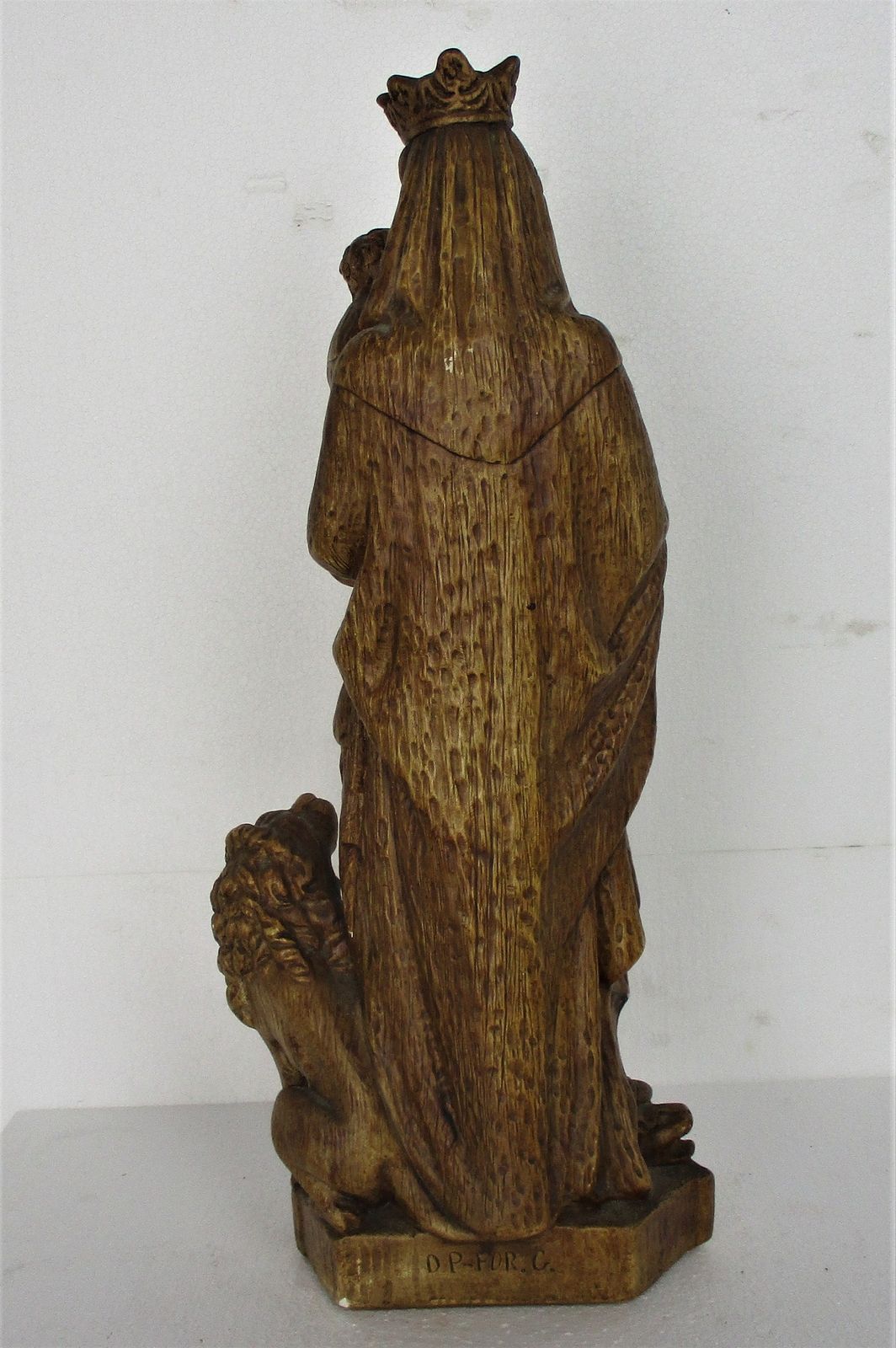 Gothic Statue Our Lady Of Flanders Virgin Mary Threading On Dragon Infant Child photo vintage